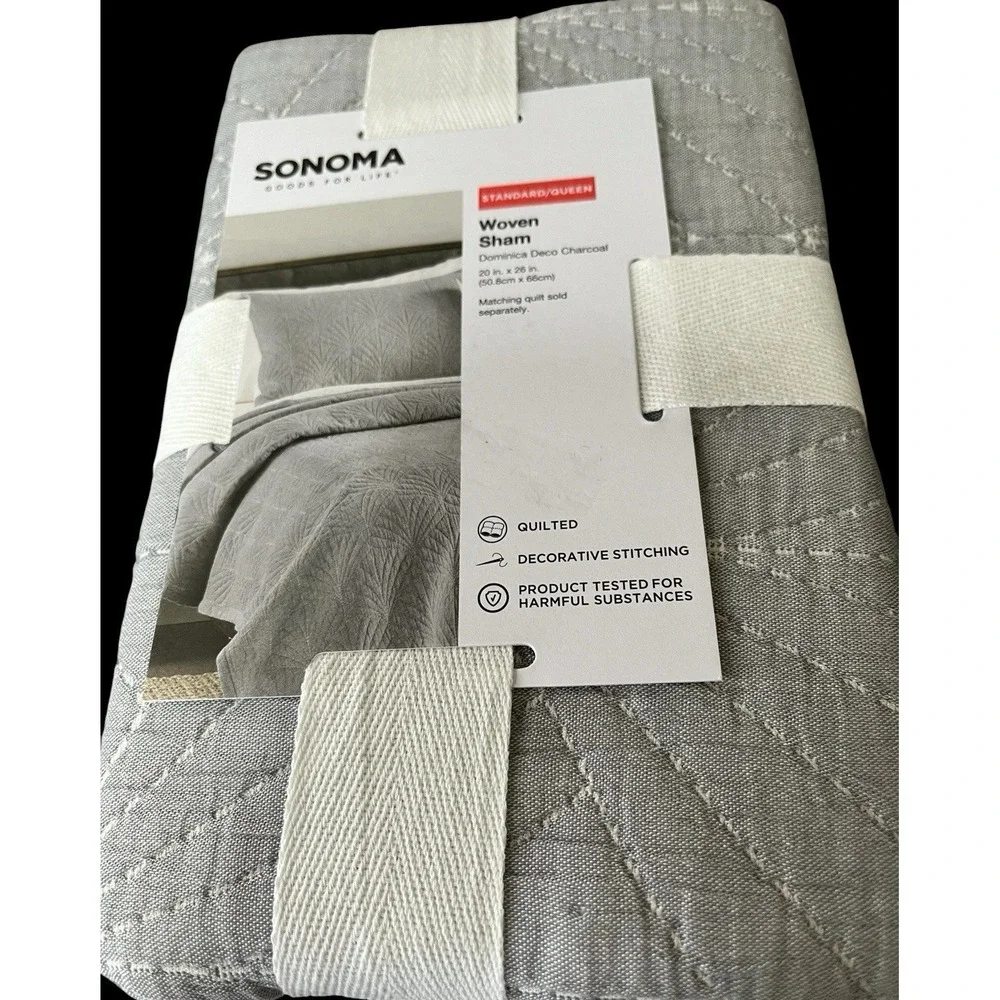 Sonoma Woven Pillow Sham Dominica Deco Charcoal Quilted Standard Queen 20 x 26